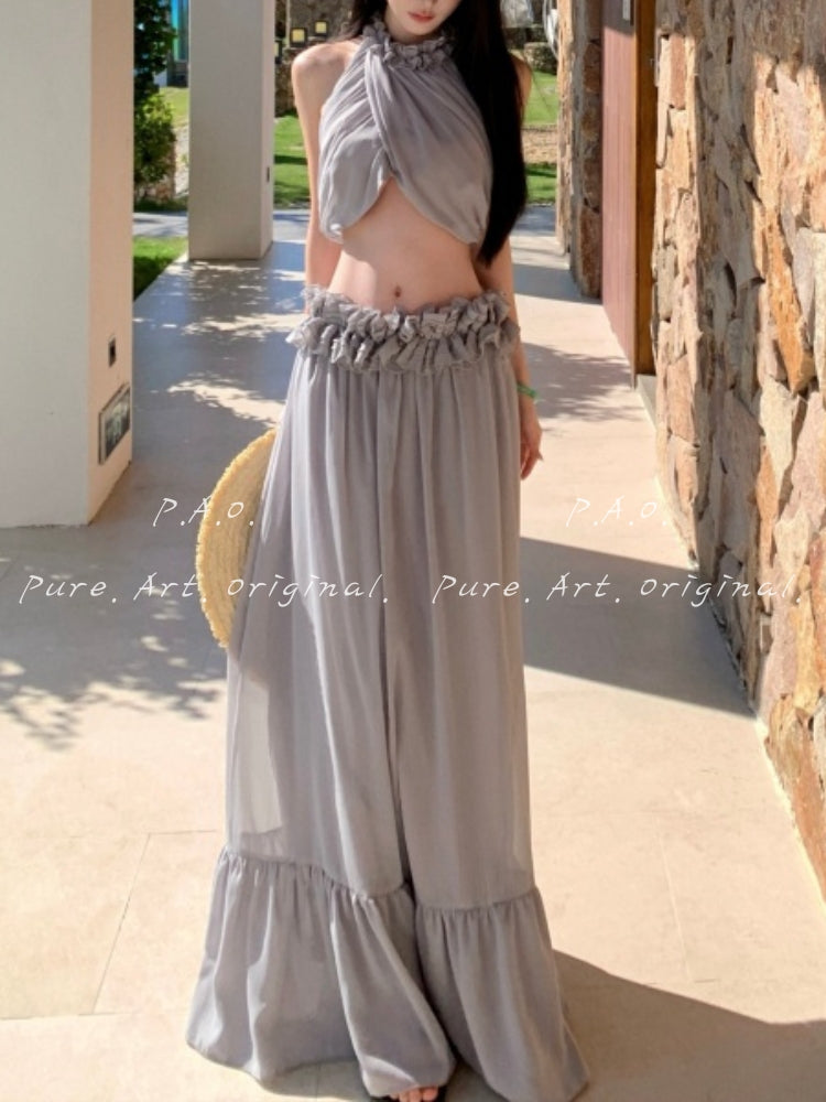 ÉLAN HALTER CUT-OUT RUFFLE TWO-PIECE MAXI SET