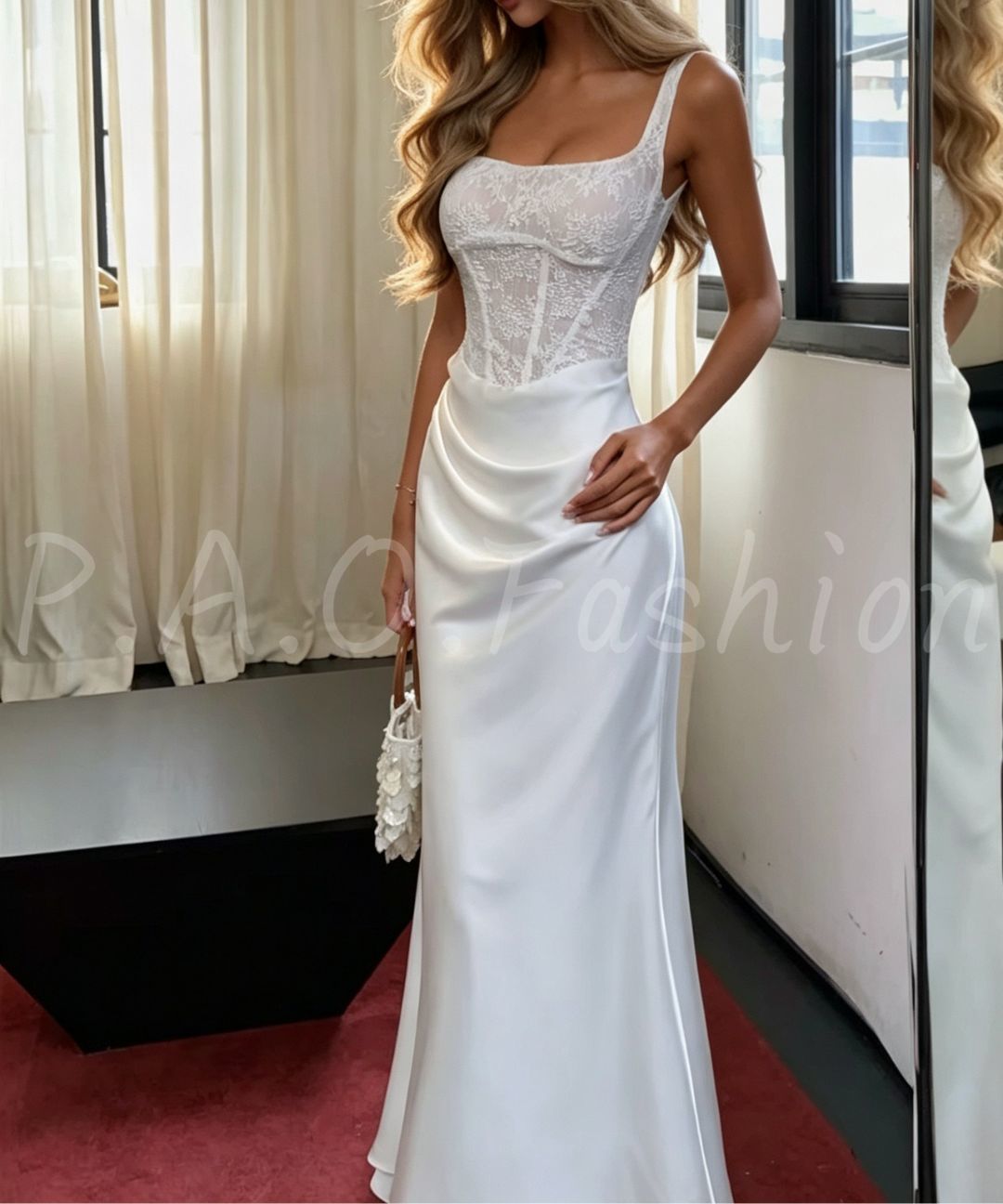 Square Neck Lace Corset Satin Mermaid Maxi Dress