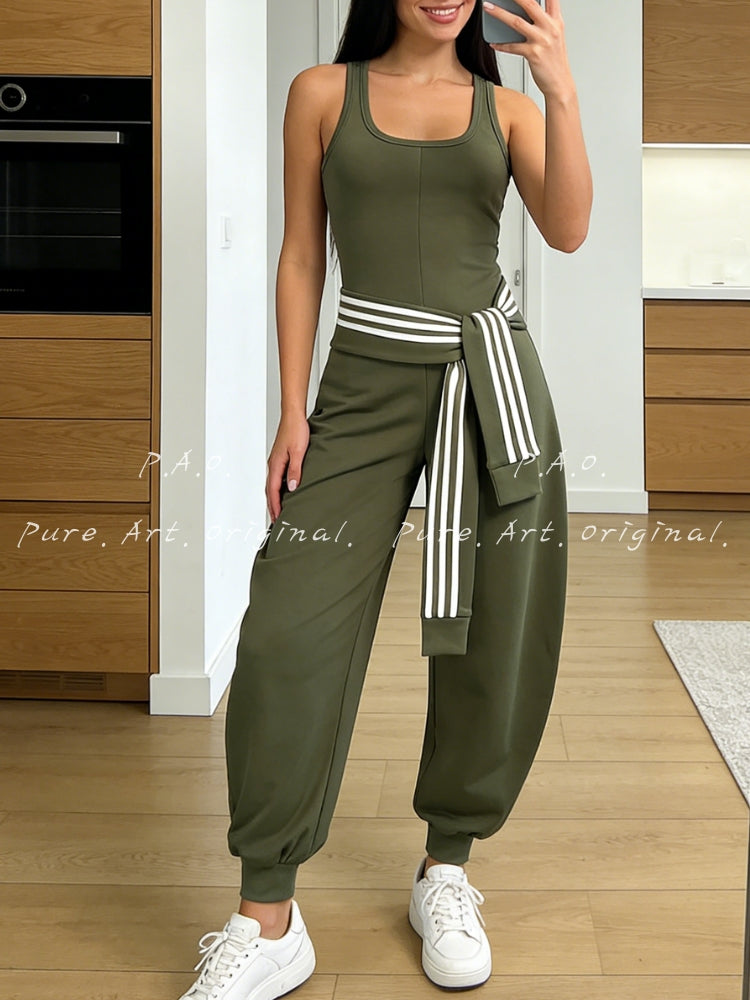 U‑Neck Contrast Striped Tie‑Up Zipper Barrel Jumpsuit