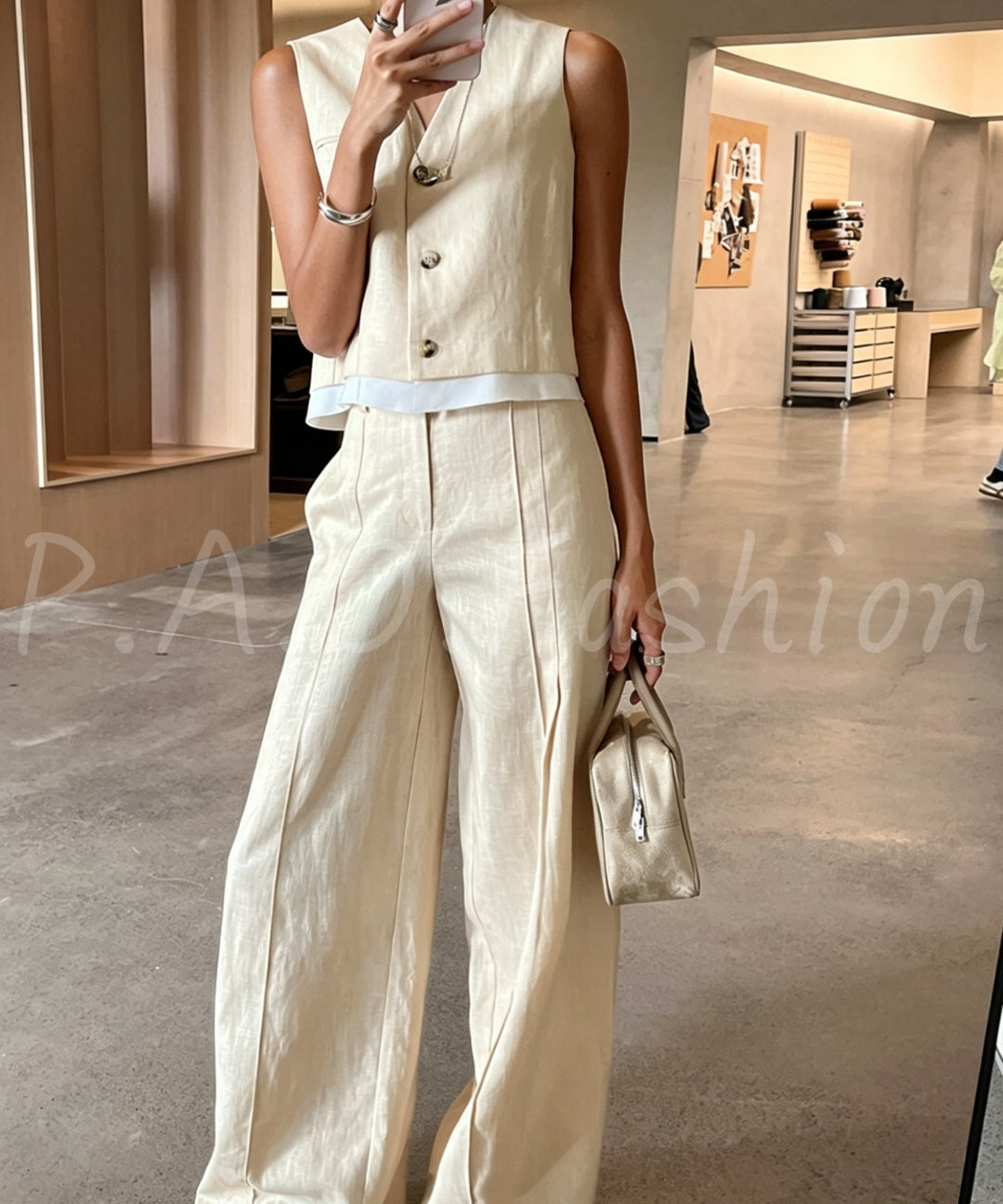 Ramie-Cotton Blend Vest & Wide-Leg Pants Set[Available Now]