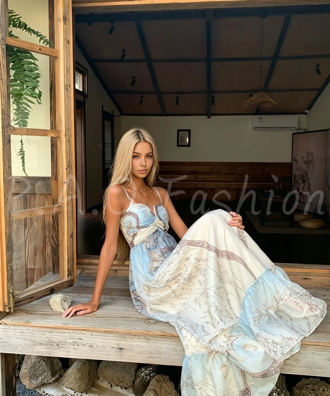 Blue Watercolor Twist Bust Convertible Maxi Dress