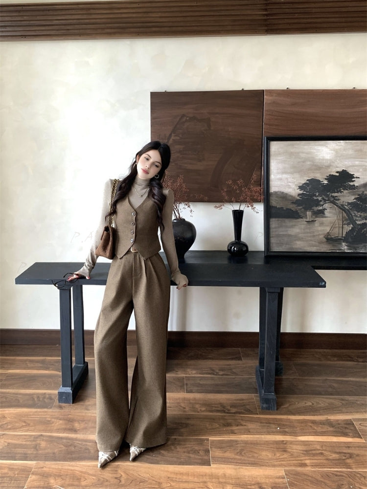 Old Money–Inspired Single-Breasted Vest & Wide-Leg Trousers 3-Piece Set
