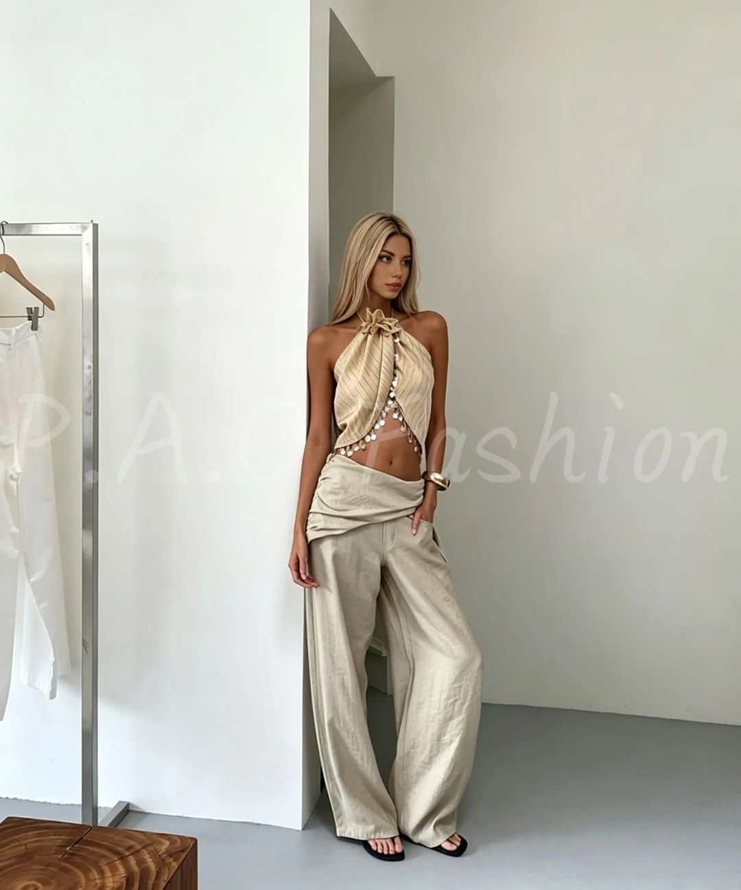 Textured Halter Flower Top & Wide-Leg Pants Set