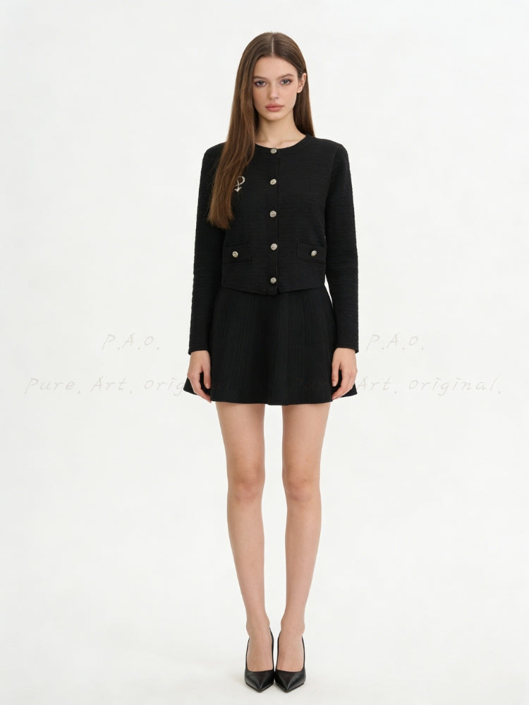 Rhinestone Brooch Jacquard Knit Cardigan & Waist-Defining Mini Skirt Two-Piece Set