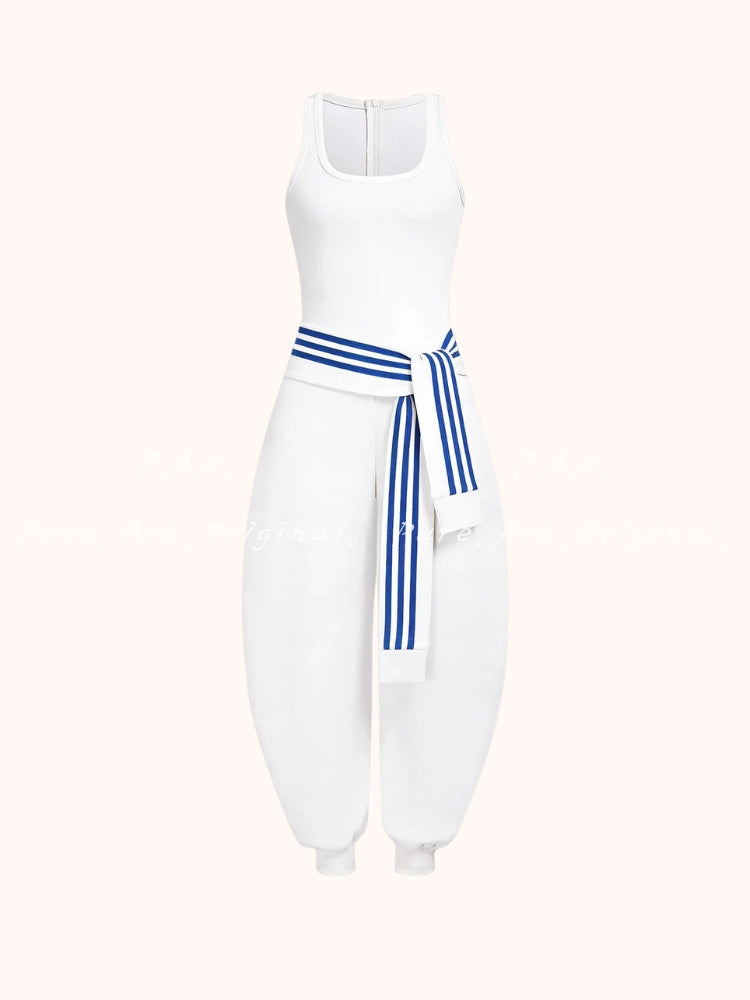 U‑Neck Contrast Striped Tie‑Up Zipper Barrel Jumpsuit