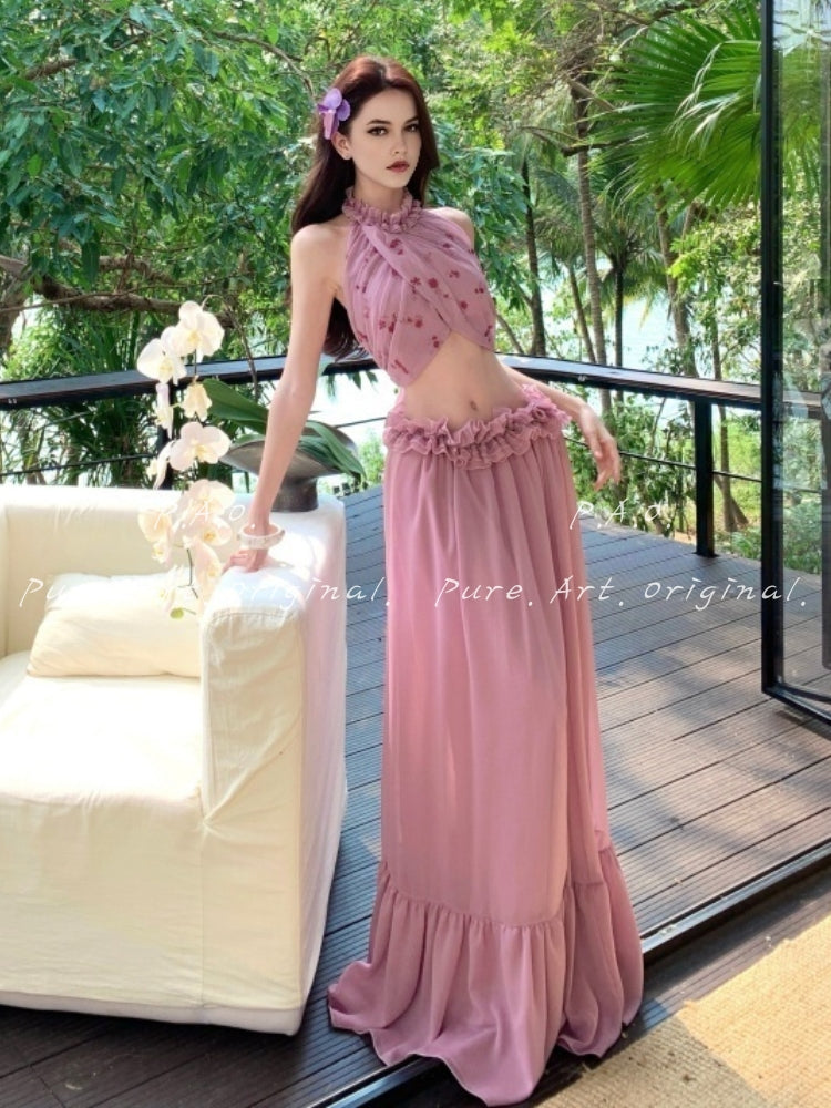SERENIA HALTER BACKLESS RUFFLE TWO-PIECE MAXI SET