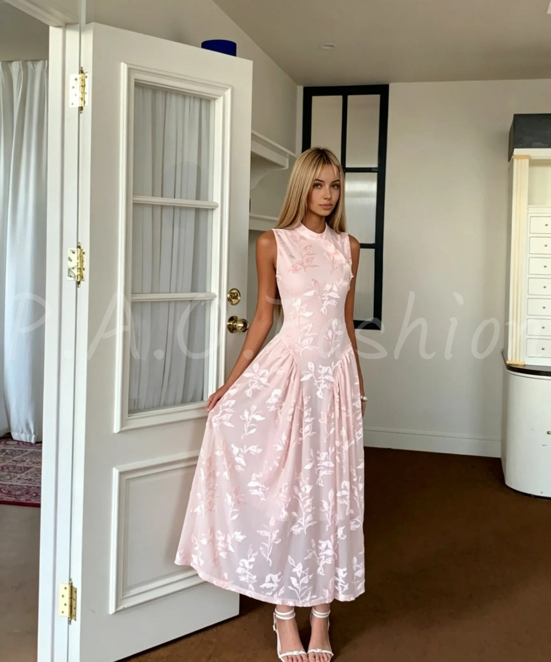 Lily Jacquard Mandarin Collar Sleeveless Maxi Dress