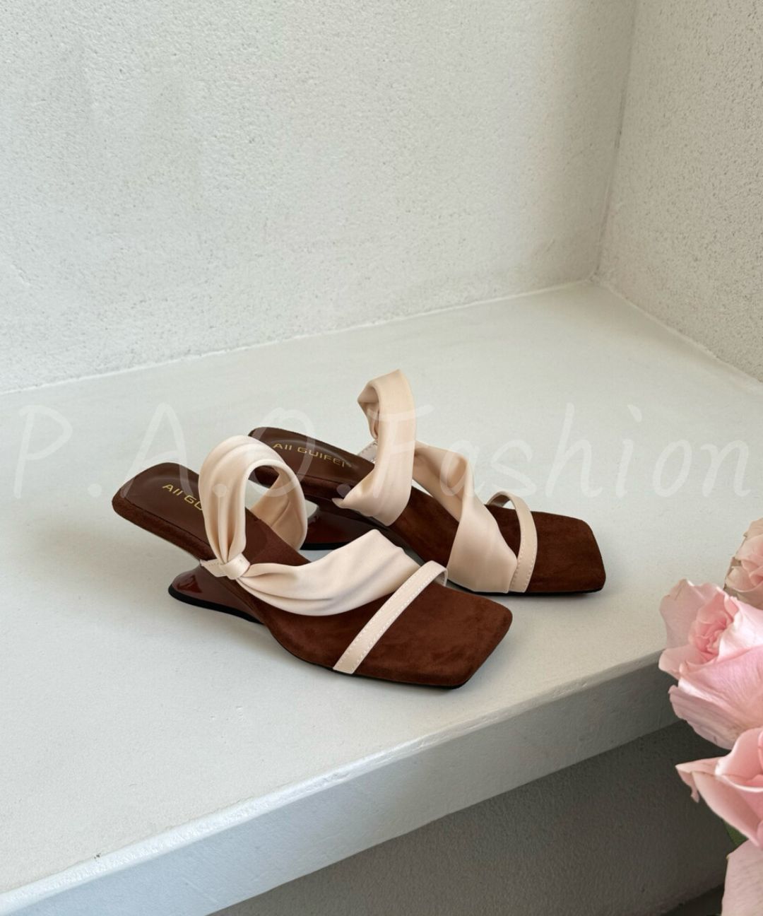French Twist Sculptural Wedge Sandals with Satin Knot Detail