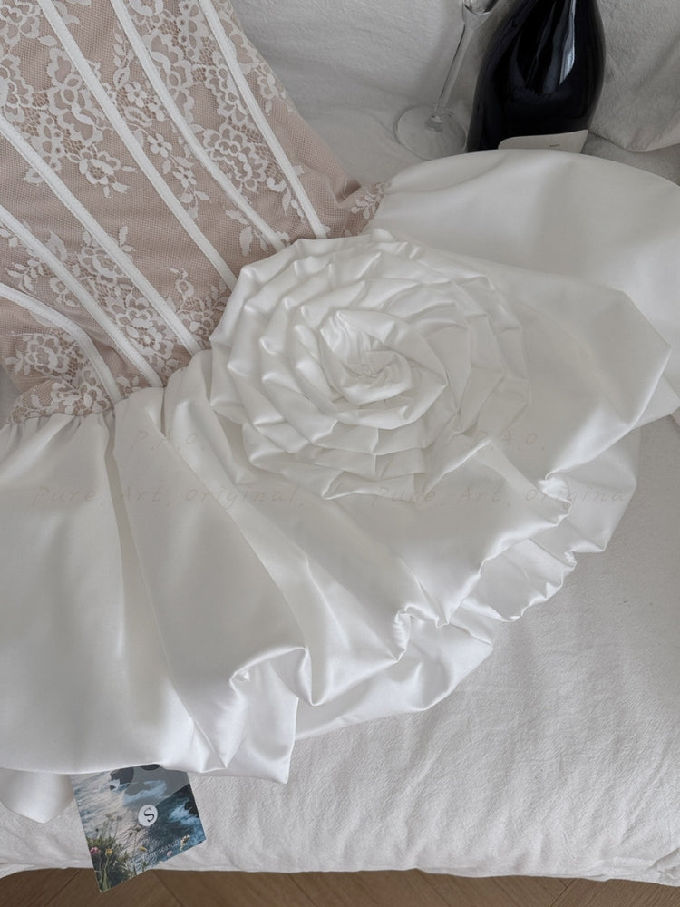 Lace Corset Strapless Satin Puff Gown