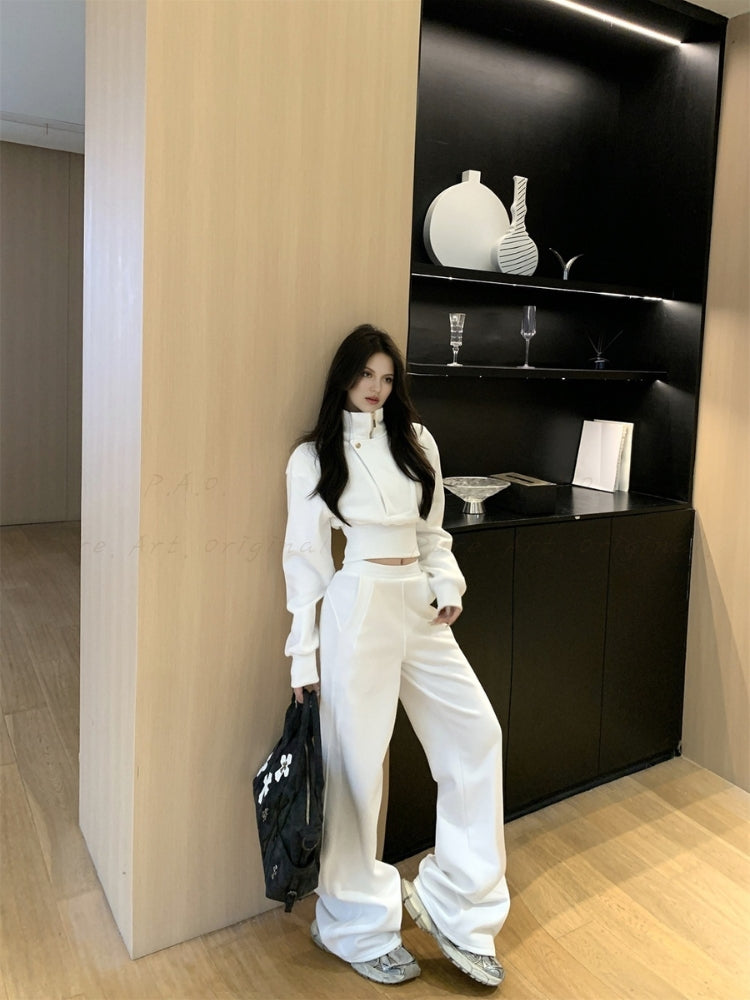 Cinched Waist Half-Zip Mock Neck Sweatshirt & Wide-Leg Pants Set