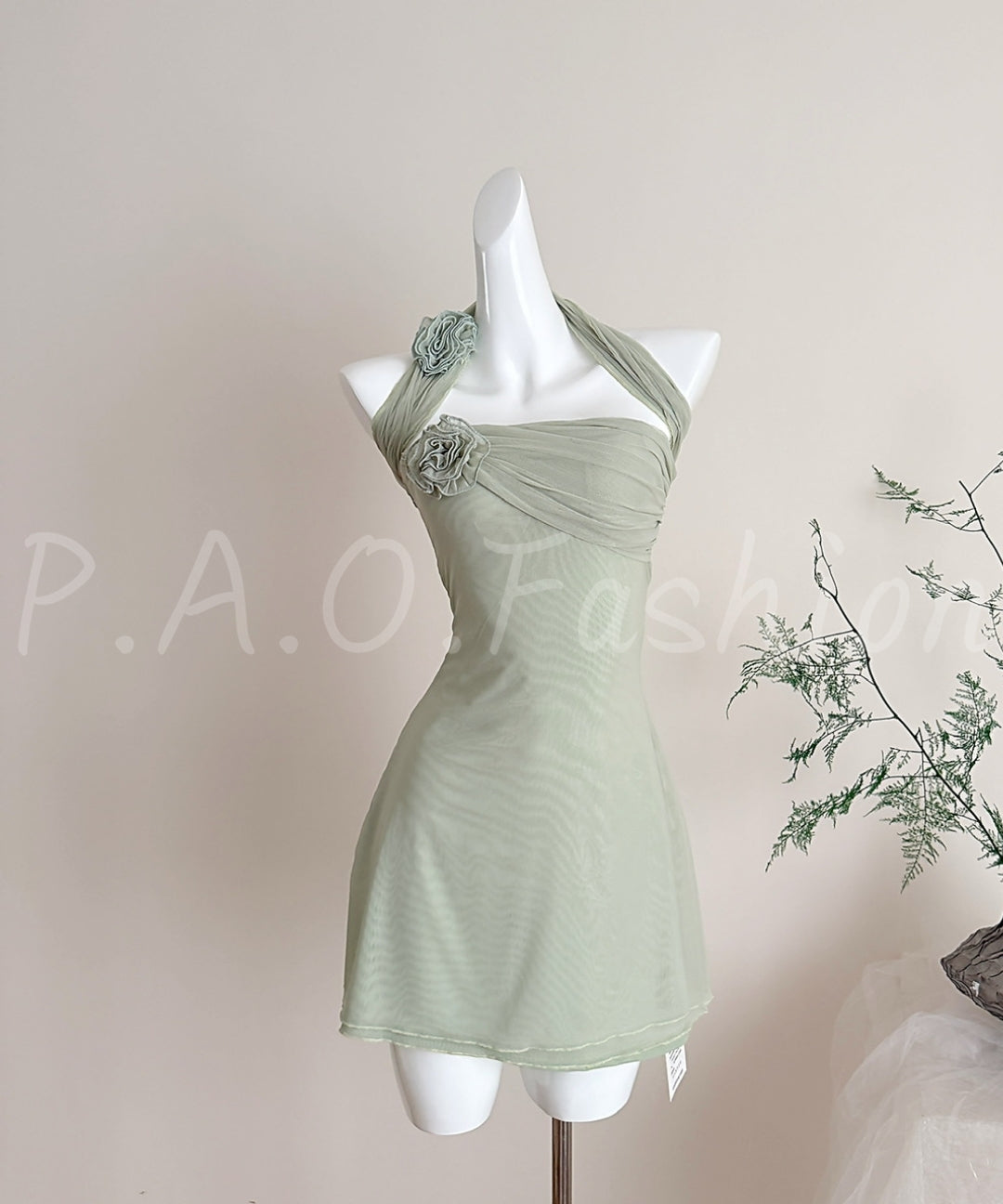 3D Floral Mesh Halter Mini Dress[Available Now]