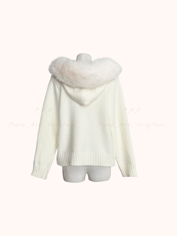 Large Faux Fox Fur Hooded Zip-Up Cardigan