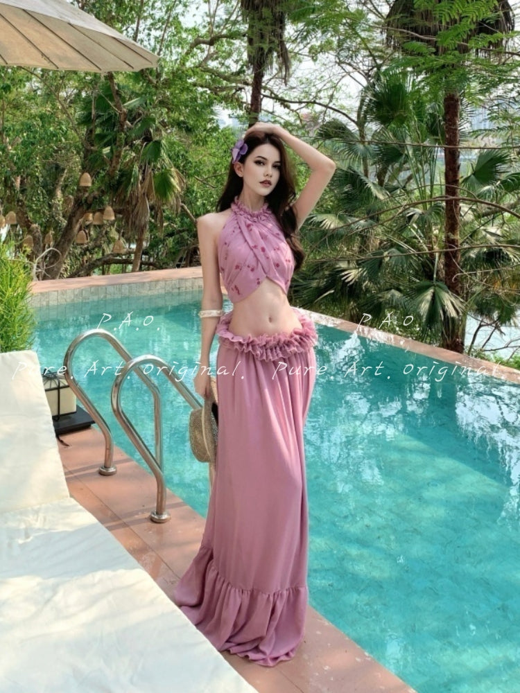 SERENIA HALTER BACKLESS RUFFLE TWO-PIECE MAXI SET