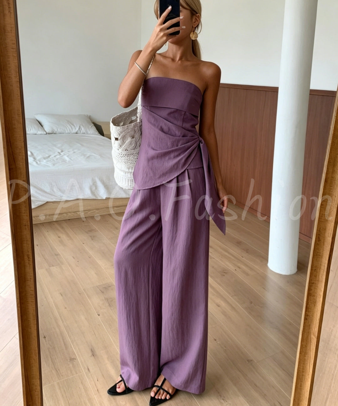Twist-Front Strapless Wide-Leg Pants Set[Available Now]
