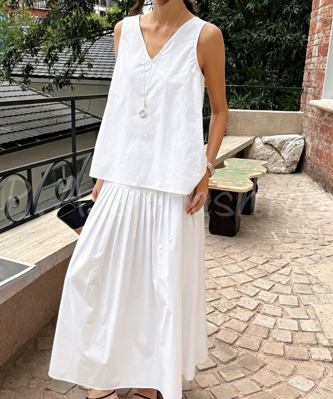 V-Neck Tank & Pleated Midi Skirt Set[Available Now]
