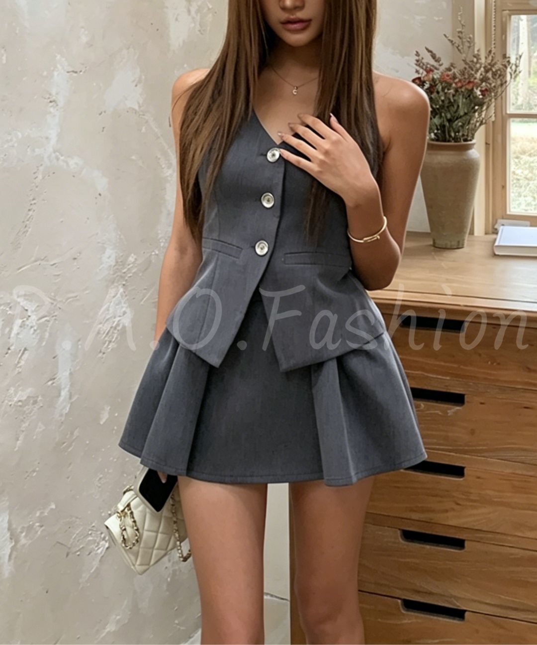 Bow-Back Vest & Pleated Mini Skirt Set