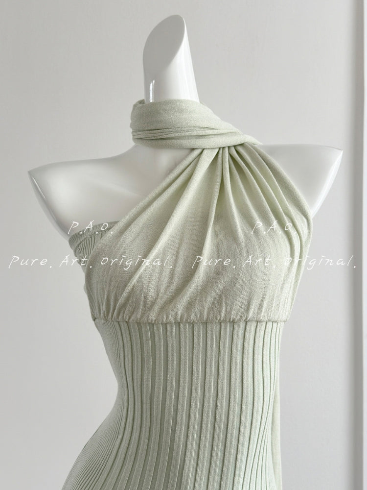 Asymmetrical Halter Tie Ribbed Bodycon Mini Dress