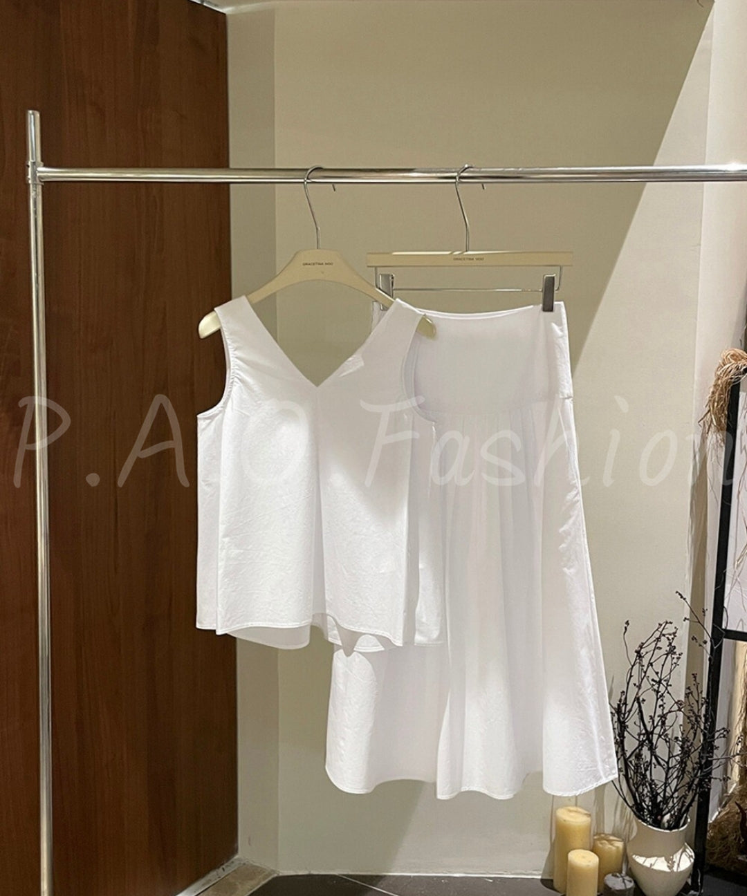 V-Neck Tank & Pleated Midi Skirt Set[Available Now]