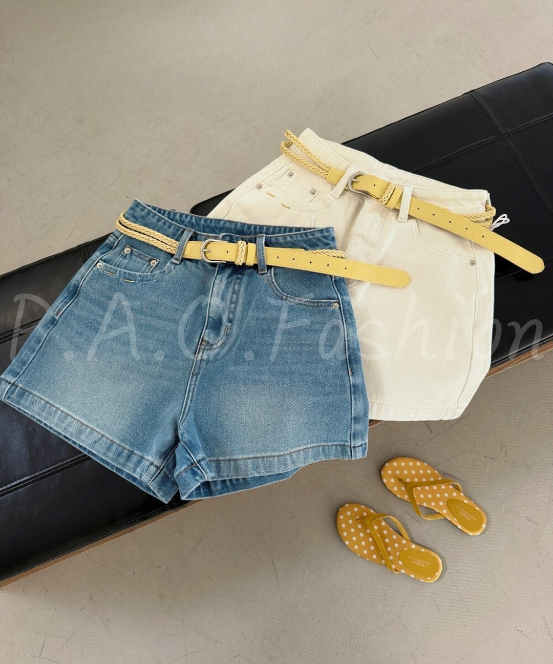High-Waisted Straight-Leg Denim Shorts With Woven Belt[Available Now]