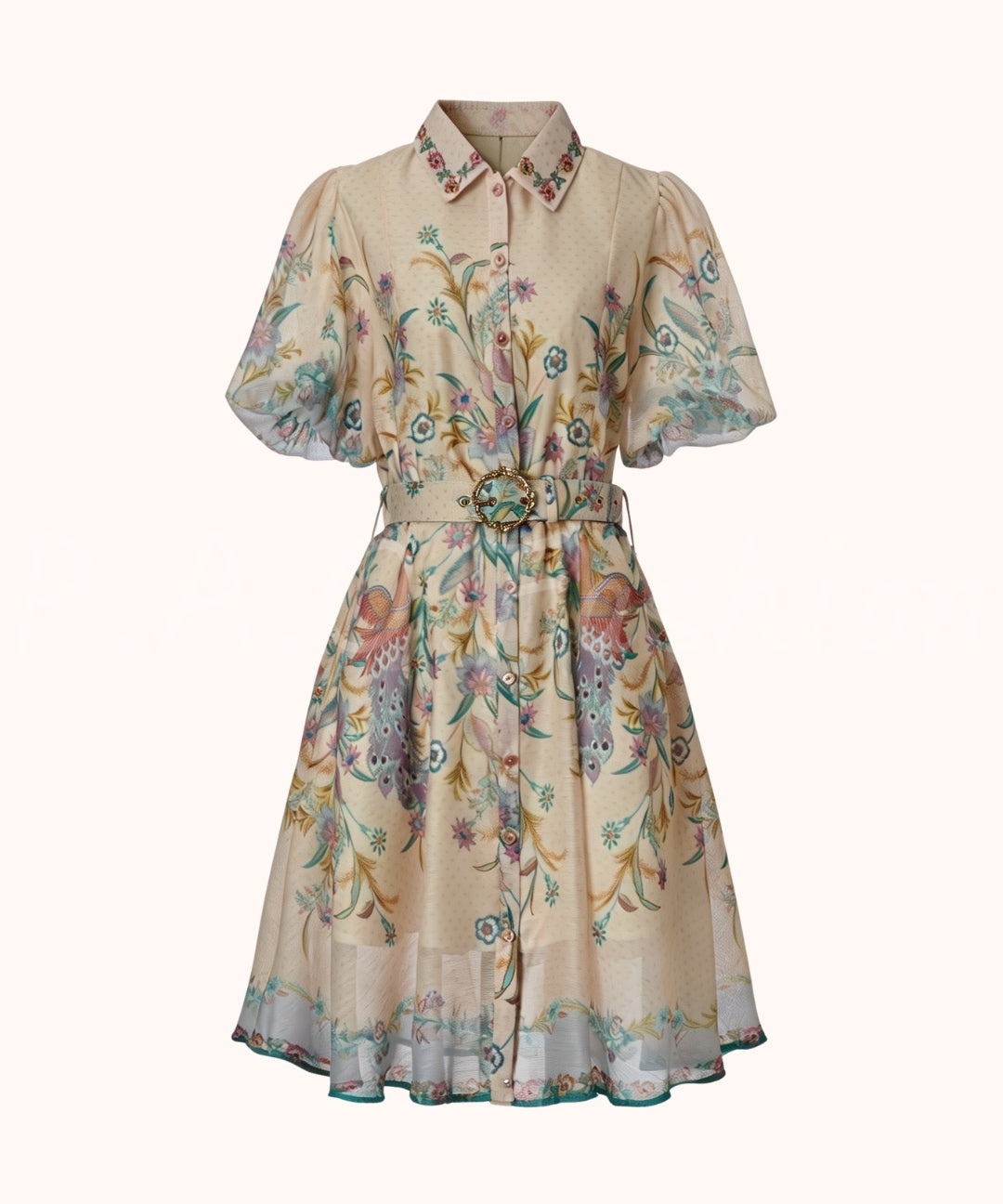 Garden Print Puff Sleeve Waist Dress[Available Now]