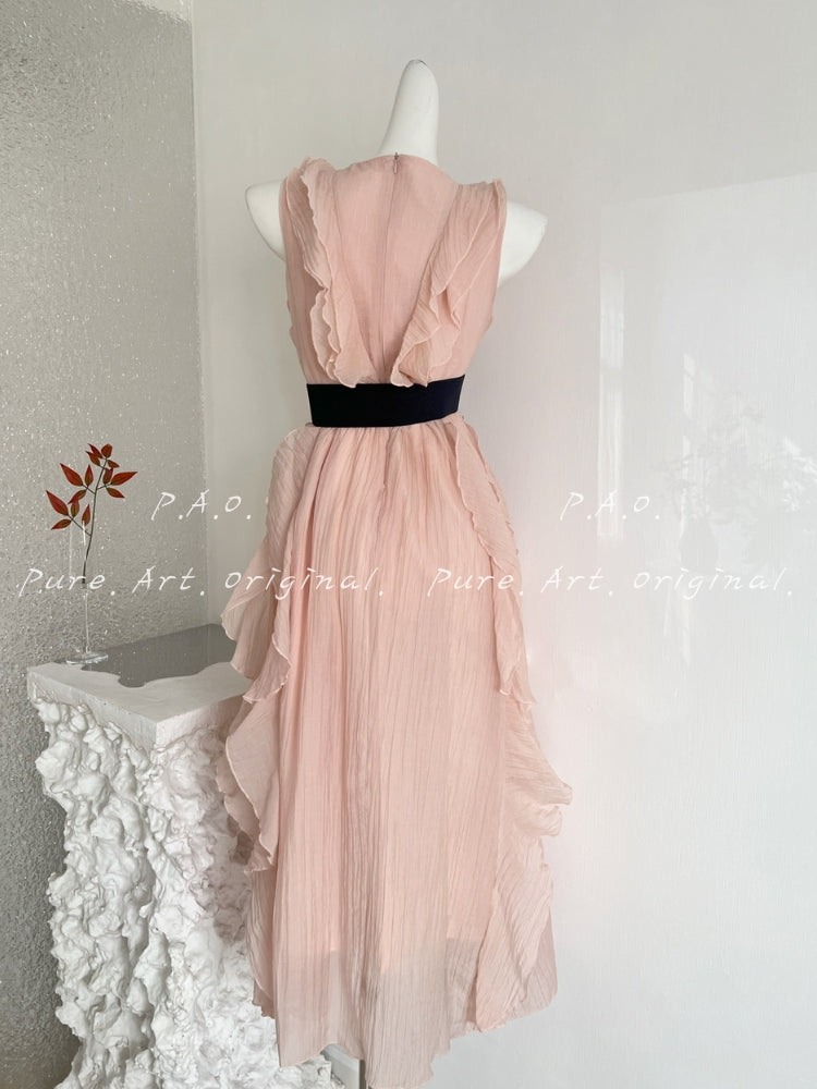 ELARA RUFFLE V-NECK MIDI DRESS