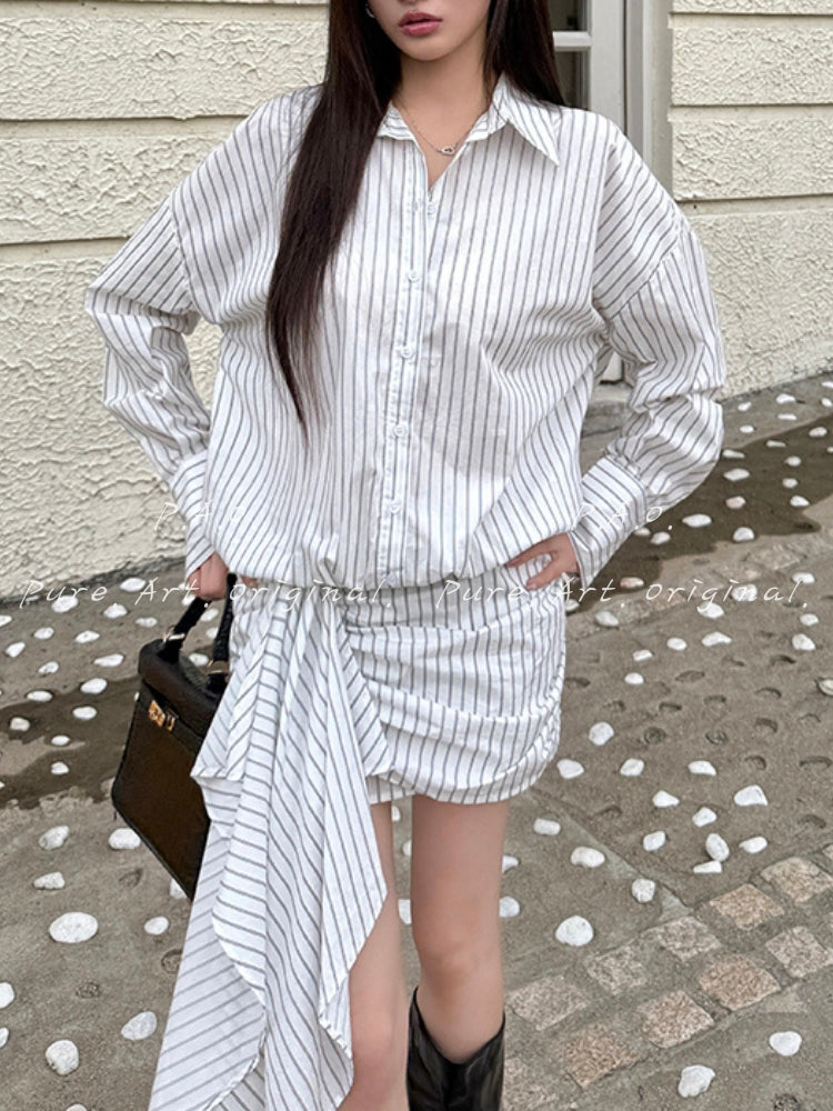 Asymmetric Pinstripe Shirt Dress