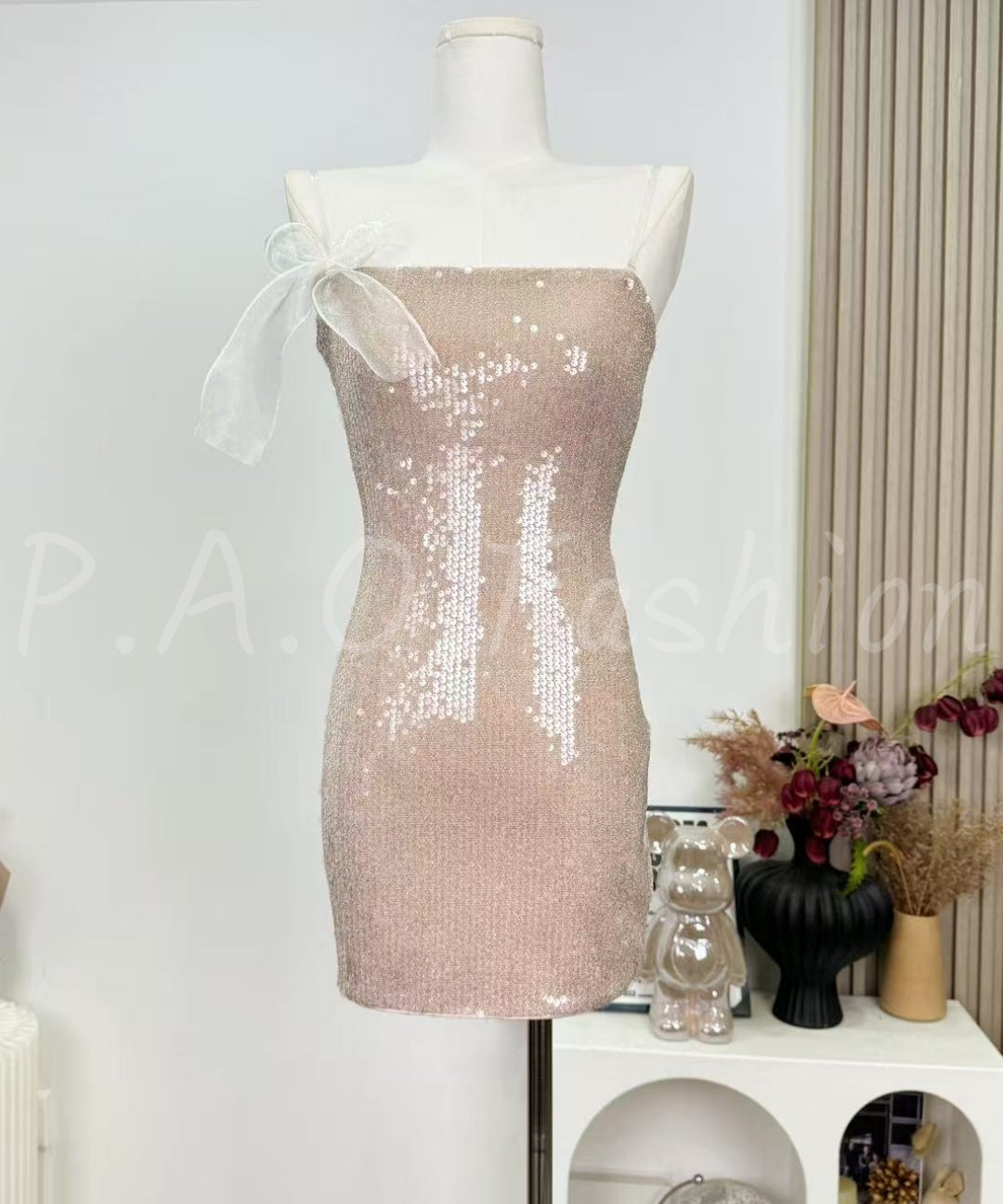 Blush Sequin Bow Strap Mini Dress[Available Now]