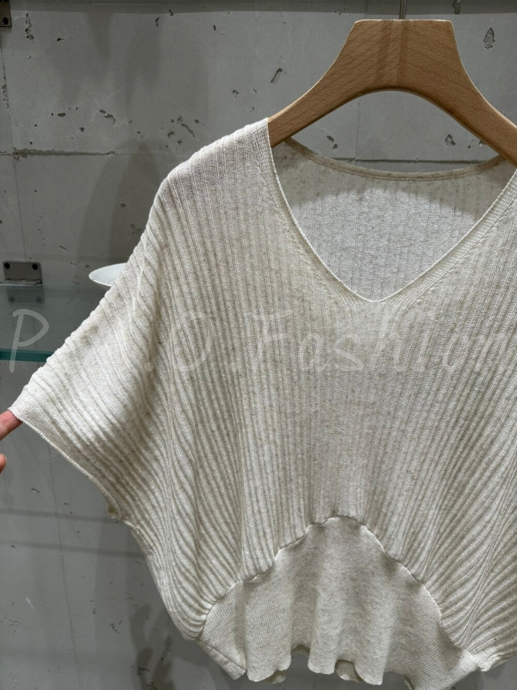 Linen-Lyocell Blend Batwing Sleeve V-Neck Knit Top