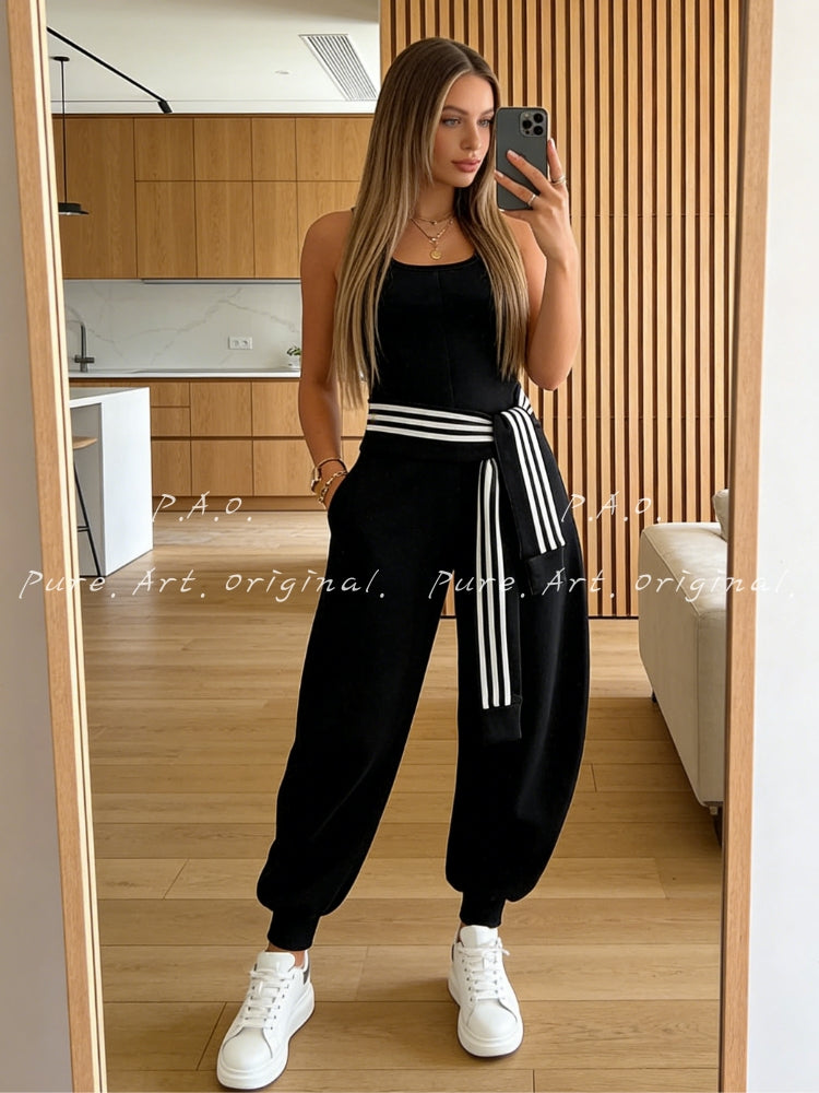 U‑Neck Contrast Striped Tie‑Up Zipper Barrel Jumpsuit