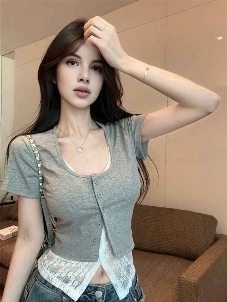 Lace Trim Two-Layer Look Short Sleeve T-Shirt