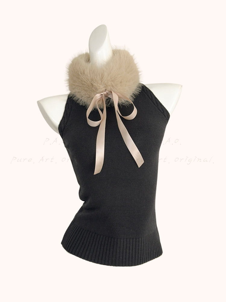 Bow-Tie Faux Fur Collar Knit Top