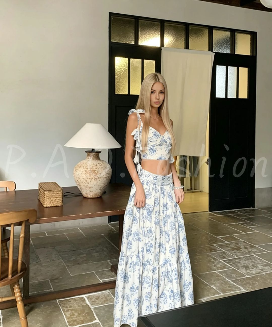 Blue Porcelain Floral Cami Top & Tiered Maxi Skirt Set