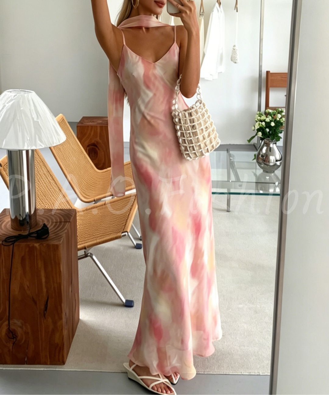 Watercolor Print Scarf-Tie Mermaid Maxi Dress