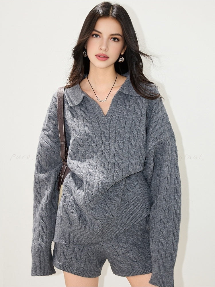 Polo Collar Cable-Knit Sweater & Shorts Two-Piece Set