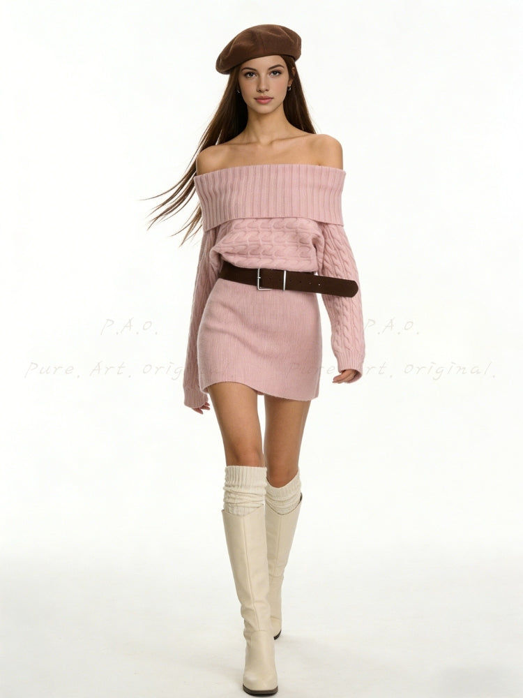 High-Neck Knit Mini Dress with Belt
