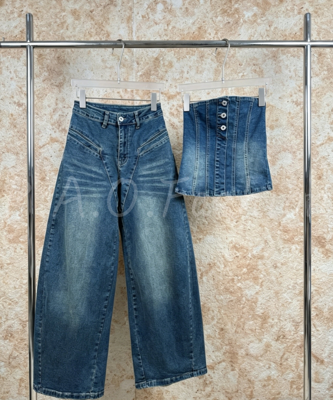 Denim Bandeau Top & Wide-Leg Pants Set[Available Now]