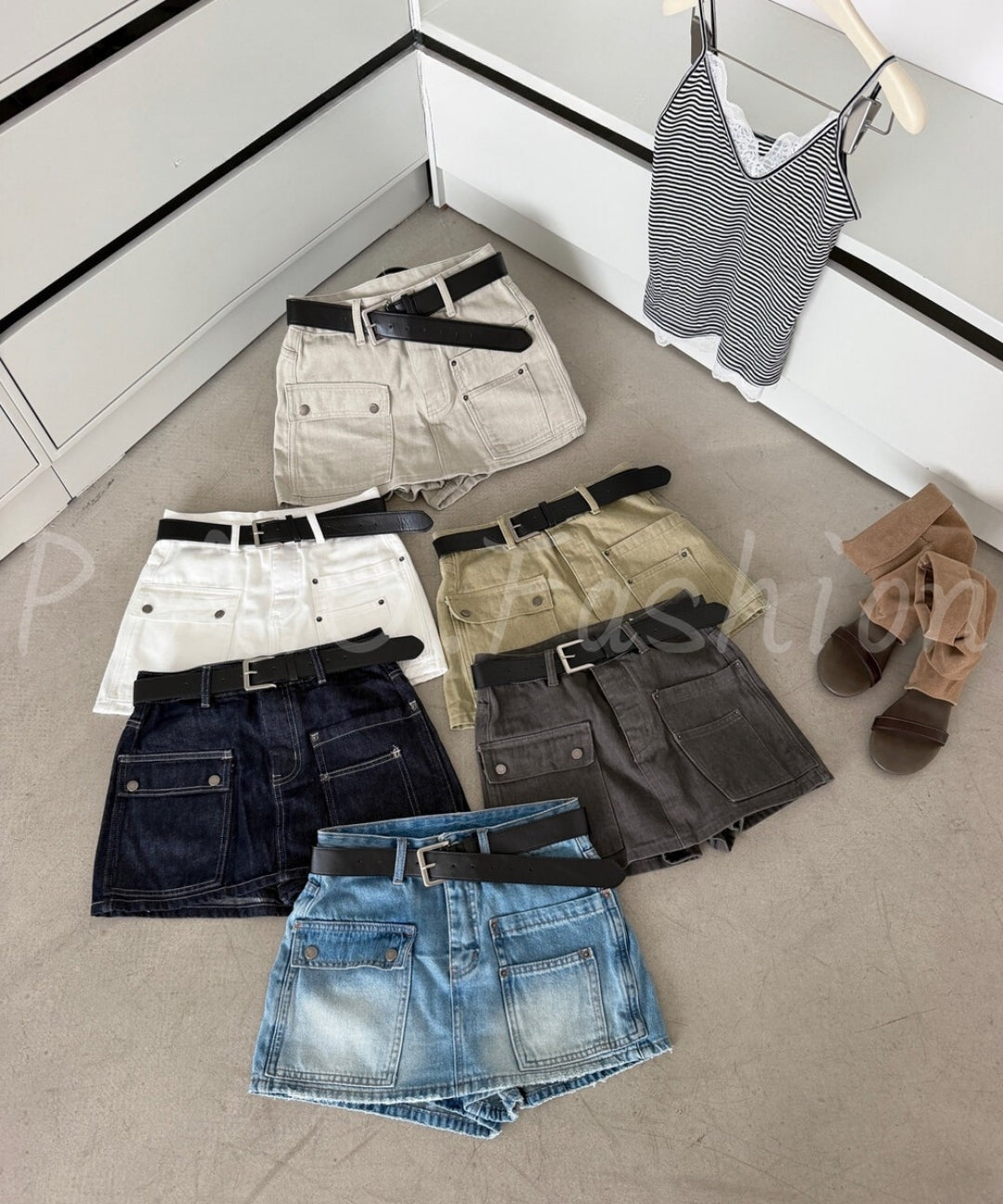 High-Waisted Cargo Denim Skort With Belt[Available Now]