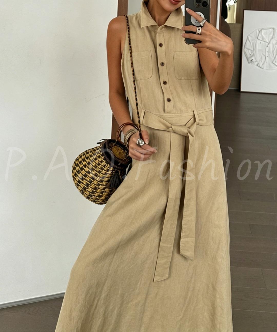 Linen Blend Sleeveless Shirt Dress