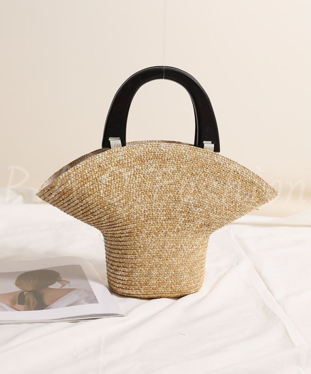 Wooden Handle Straw Tote Bag
