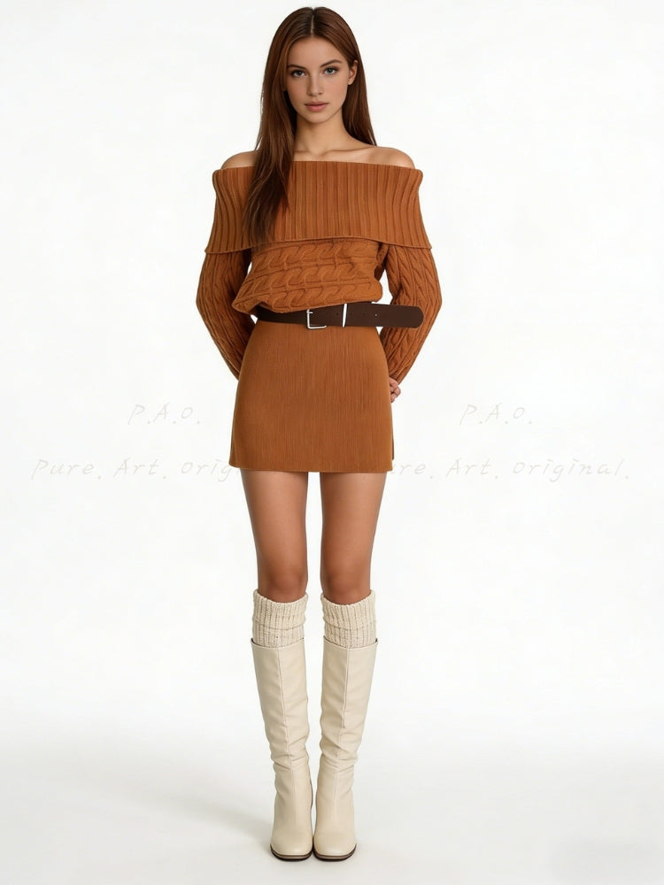 High-Neck Knit Mini Dress with Belt