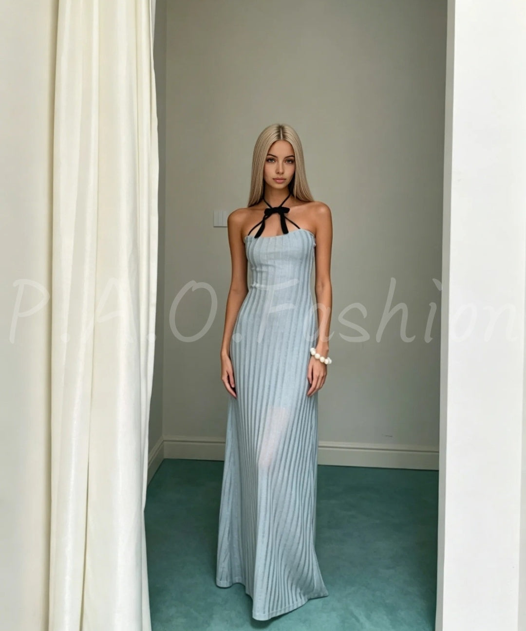 Bow Halter Ribbed Knit Mermaid Maxi Dress