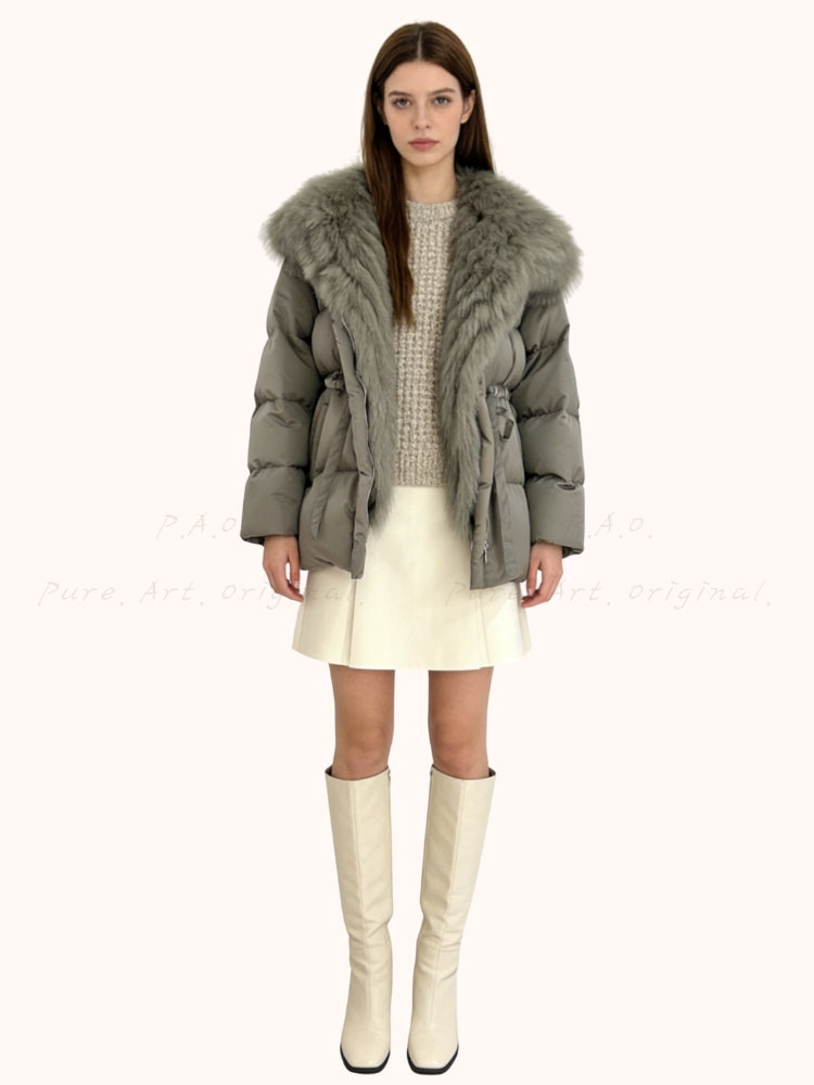 Warm Down Jacket with Turn-Down Collar & Detachable Fur Trim