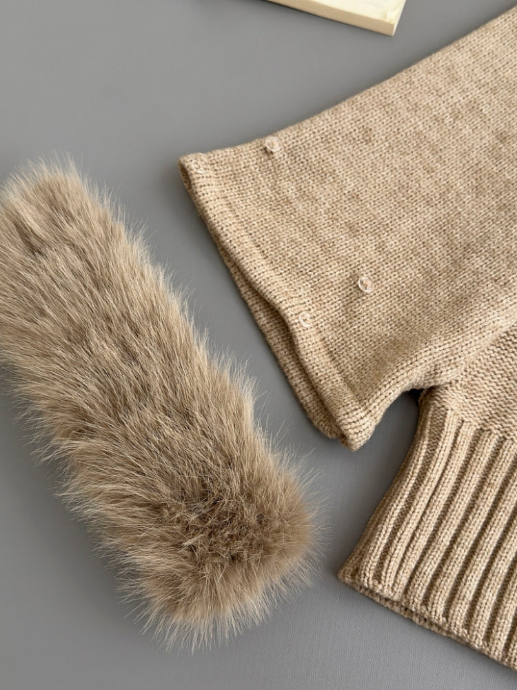 Faux Fox Fur Cuff Turtleneck Wool-Blend Cable Knit Sweater