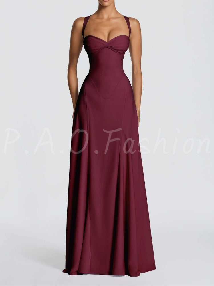 Twist Halter Satin Open-Back Maxi Gown