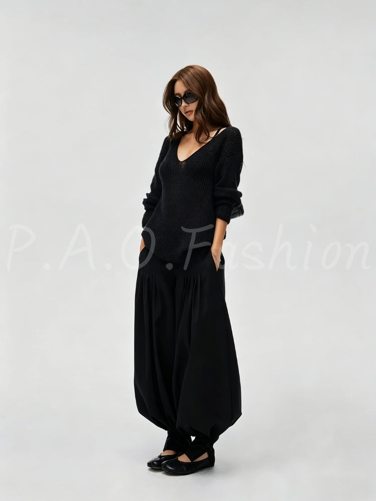 Vintage Slouchy V-Neck Open-Knit Sweater