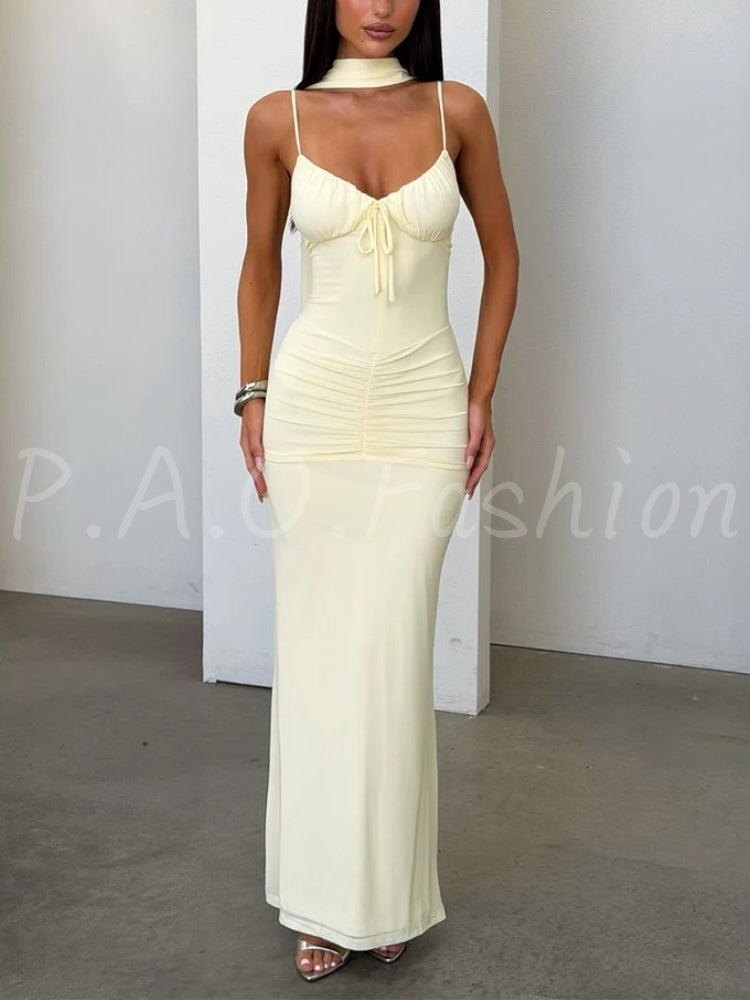 Halter Backless Maxi Dress – Ruched Bodycon Long Dress