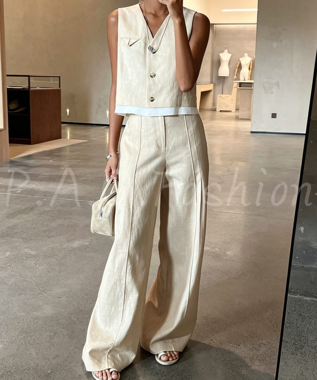 Ramie-Cotton Blend Vest & Wide-Leg Pants Set[Available Now]