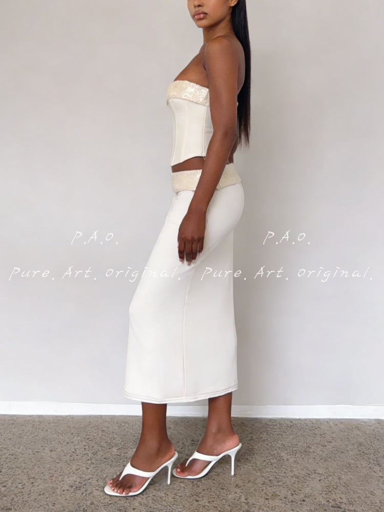 SEQUIN STRAPLESS TOP & HIP SKIRT SET