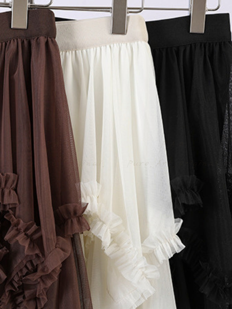 Ruffled Mesh Panel Midi Skirt