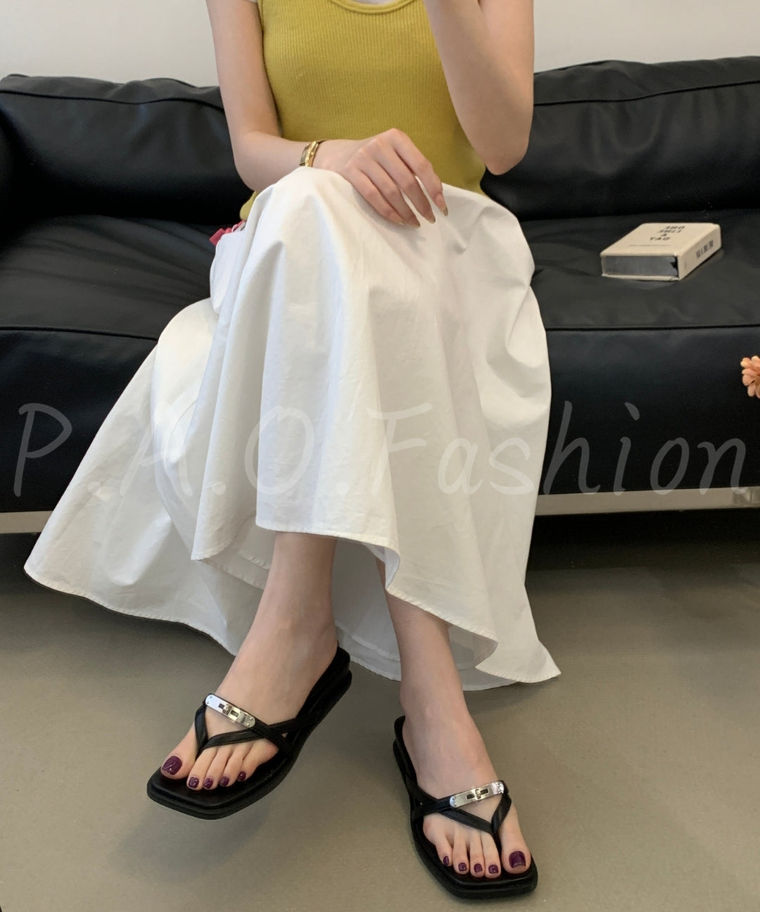 Square Toe Thong Sandals with Metal Detail